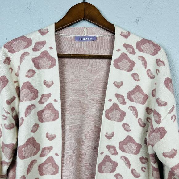 la lavon Open Front Cardigan Cheetah Print Pink Long Sleeve - S - Picture 2 of 4
